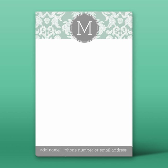 Mint and Grey Damask Pattern Custom Monogram Post-it Notes (Custom Post-It Notes)