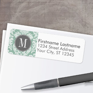 Mint and Grey Damask Pattern Custom Monogram Return Address Label
