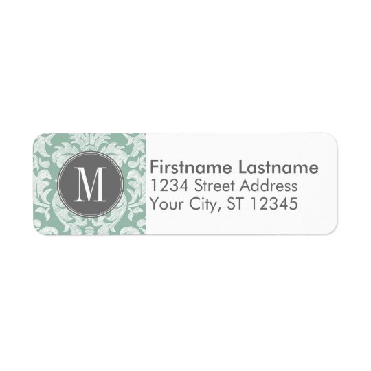 Mint and Grey Damask Pattern Custom Monogram Return Address Label
