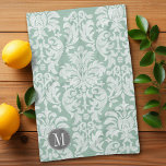 Mint and Grey Damask Pattern Custom Monogram Tea Towel<br><div class="desc">Add your monograms to this trendy and feminine floral damasks with popular colours. The damask has a whimsical chalkboard look.</div>