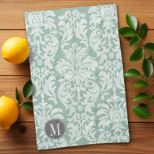 Mint and Grey Damask Pattern Custom Monogram Tea Towel