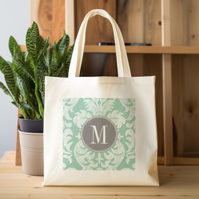 Mint and Grey Damask Pattern Custom Monogram Tote Bag (Personalized tote bag with chevrons and monogram)
