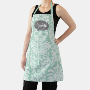 Mint and Grey Damask Pattern Custom Name Apron