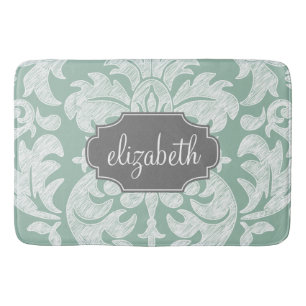 Mint and Grey Damask Pattern Custom Name Bath Mat