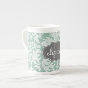 Mint and Grey Damask Pattern Custom Name Bone China Mug