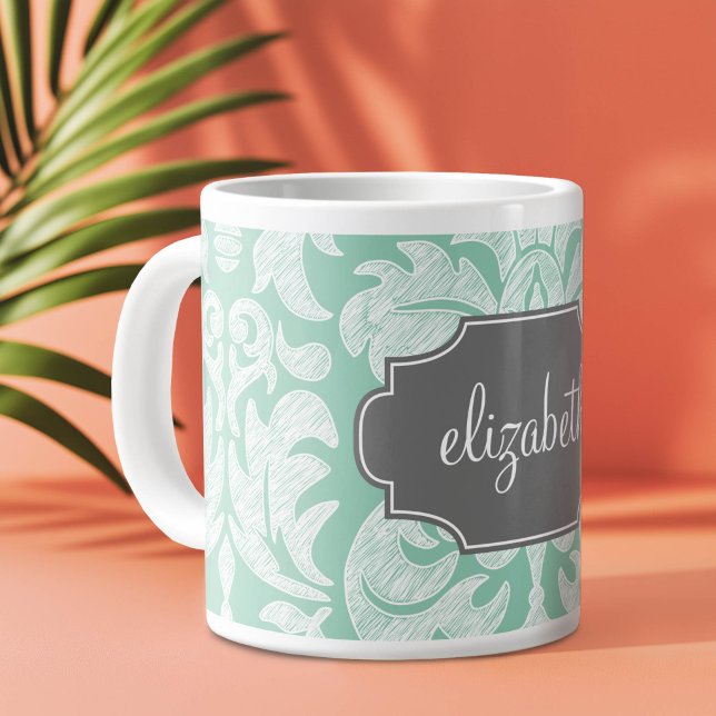 Mint and Grey Damask Pattern Custom Name Large Coffee Mug (Girly Monogram Mug with A Shabby Chic Lace Design)