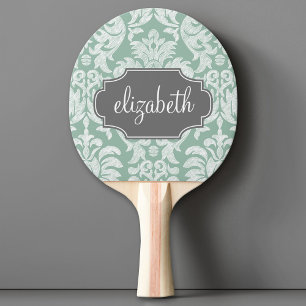 Mint and Grey Damask Pattern Custom Name Ping Pong Paddle
