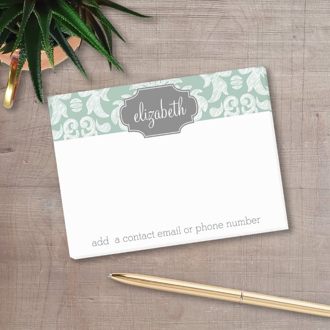 Mint and Grey Damask Pattern Custom Name Post-it Notes (Personalized post-it notes with a monogram and contact information.)