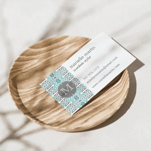 Mint and Grey Geometric Tribal Pattern Monogram Business Card