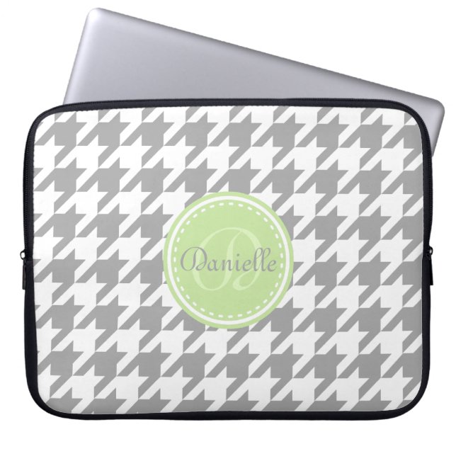 Mint and Grey Houndstooth Monogram Pattern Laptop Sleeve (Front)