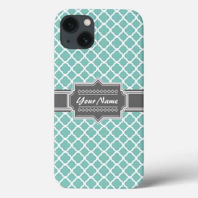 Mint and Grey Moroccan Quatrefoil Personalised N1 Case-Mate iPhone Case (Back)