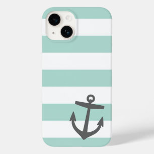Mint and Grey Nautical Stripes and Anchor Case-Mate iPhone 14 Case