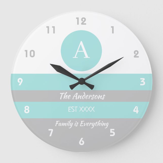 Mint and grey stripes family name large clock (Front)