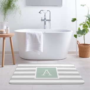 Mint and Grey Stripes Monogram Editable Colours Bath Mat