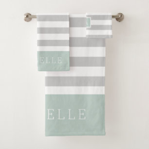Mint and Grey Stripes Monogram   Editable Colours Bath Towel Set