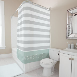 Mint and Grey Stripes Monogram   Editable Colours Shower Curtain