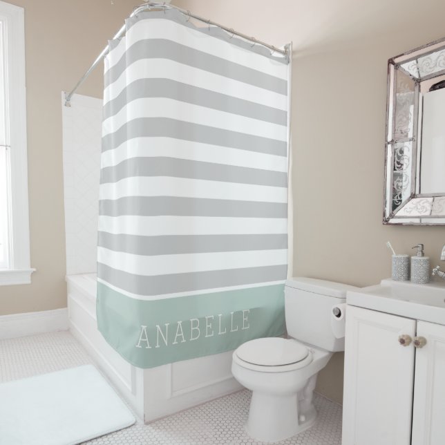 Mint and Grey Stripes Monogram | Editable Colours Shower Curtain (In Situ)