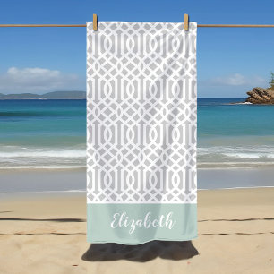 Mint and Grey Trellis Monogram   Editable Colours Beach Towel