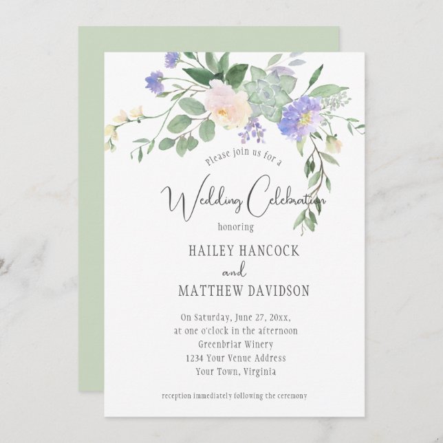Mint and Lavender Florals and Succulents Wedding Invitation (Front/Back)