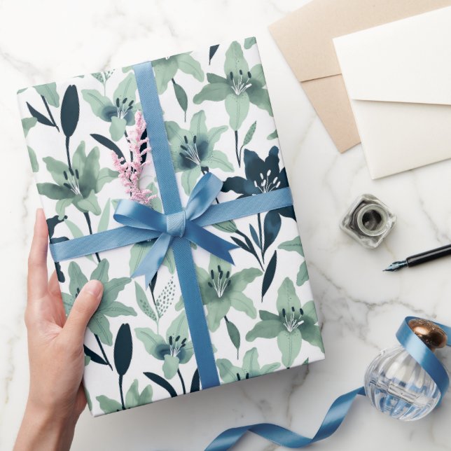 Mint and Navy Abstract Lily Wrapping Paper (Gifting)