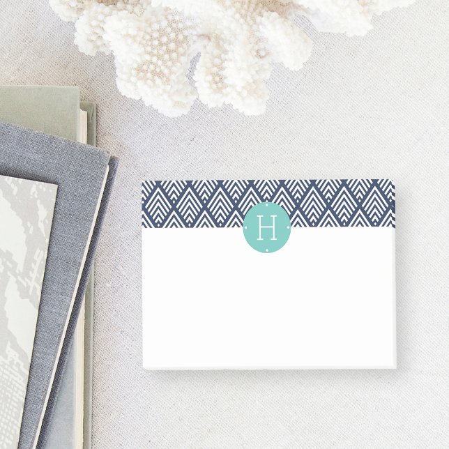 Mint and Navy Diamond Chevron Pattern Monogram Post-it Notes (Creator Uploaded)