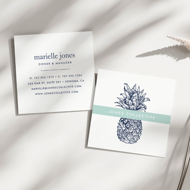 Mint and Navy Pineapple Square Business Card (Creator Uploaded)