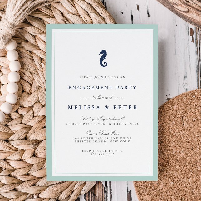Mint and Navy Seahorse Engagement Party Invitation (Creator Uploaded)