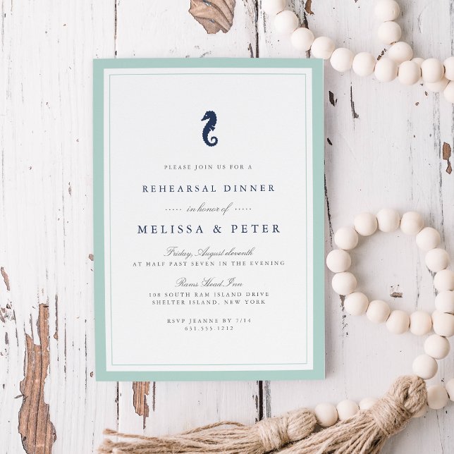 Mint and Navy Seahorse Rehearsal Dinner Invitation (Creator Uploaded)
