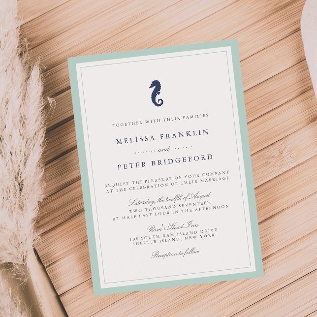 Mint and Navy Seahorse Wedding Invitation (Creator Uploaded)