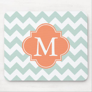 Mint and Orange Modern Chevron Custom Monogram Mouse Pad
