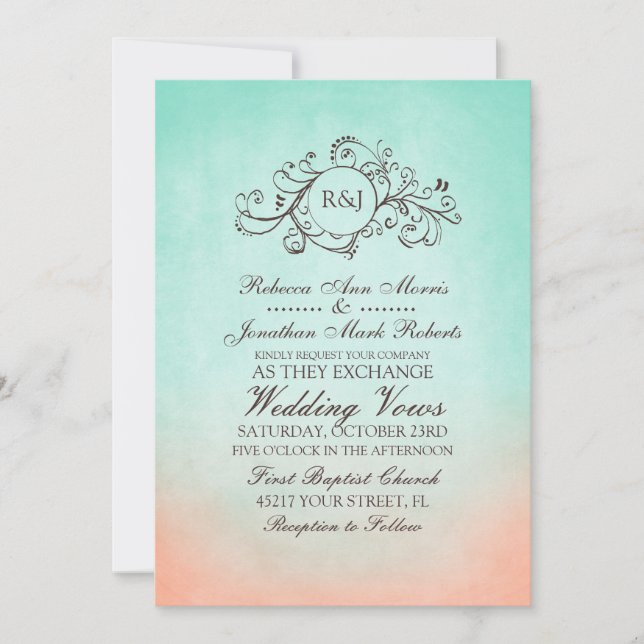 Mint and Peach Bohemian Wedding Invitation (Front)