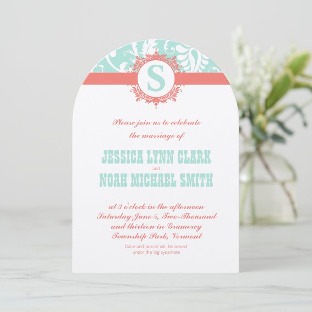 Mint and Peach Monogram Damask Wedding Invitations (Standing Front)