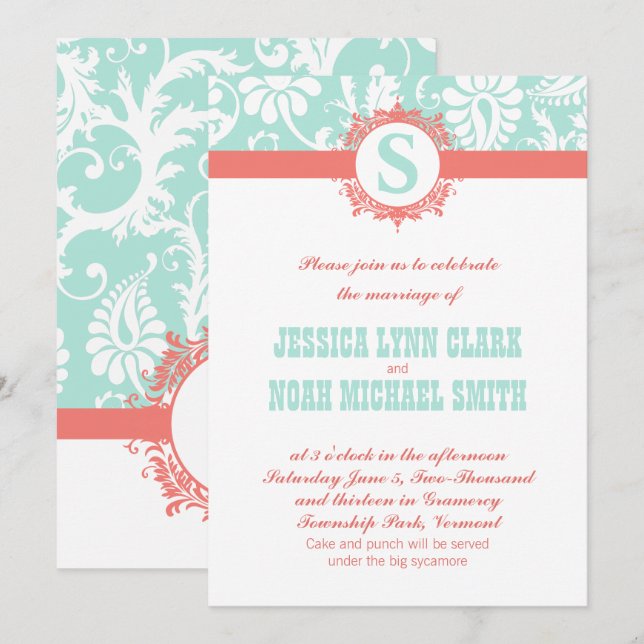 Mint and Peach Monogram Damask Wedding Invitations (Front/Back)