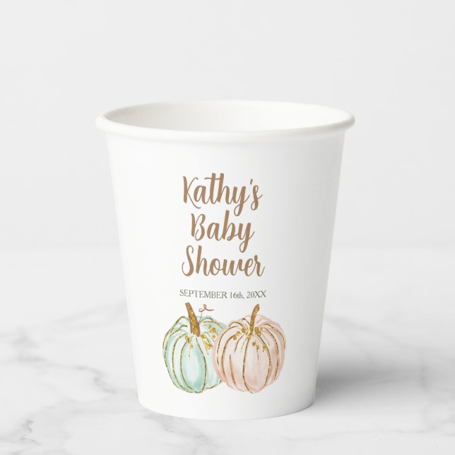 Mint and Peach Pumpkin Gold Glitter White Paper Paper Cups (Front)
