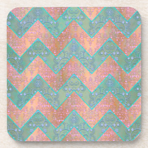 Mint and Peachy Pink Floral Damask Chevron Coaster