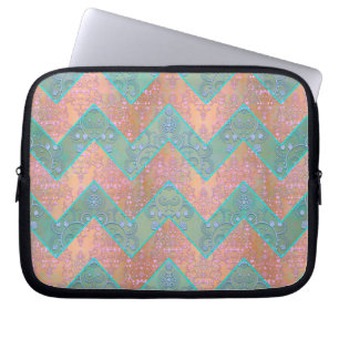 Mint and Peachy Pink Floral Damask Chevron Laptop Sleeve