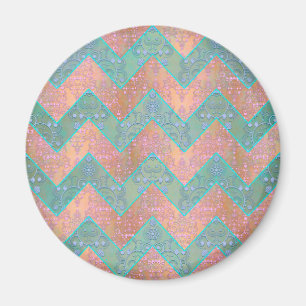 Mint and Peachy Pink Floral Damask Chevron Magnet