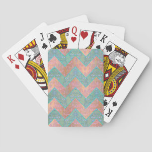 Mint and Peachy Pink Floral Damask Chevron Playing Cards