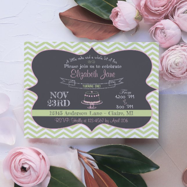 Mint and Pink Chalkboard Cake Birthday Invite (Creator Uploaded)