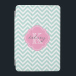 Mint and Pink Chevron Custom Monogram iPad Mini Cover<br><div class="desc">Cute trendy chic iPad case features a preppy zigzag chevron pattern personalised with your monogram name and initial in a girly quatrefoil frame. Click Customise It to change text fonts and colours to create your own unique one of a kind design.</div>