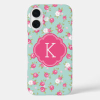 Mint and Pink Chic Vintage Floral Print Monogram