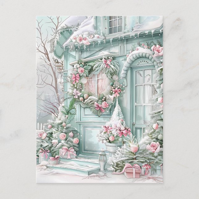 Mint and Pink Christmas House Postcard (Front)