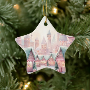 Mint and Pink Cosy Christmas Market - Winter Scene Ceramic Ornament