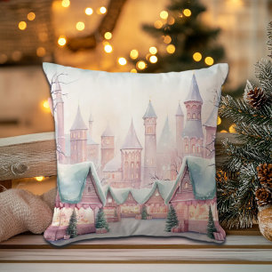 Mint and Pink Cosy Christmas Market - Winter Scene Cushion