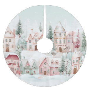 Mint and Pink Cosy Watercolor Winter Scene Brushed Polyester Tree Skirt