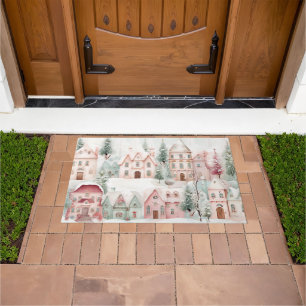 Mint and Pink Cosy Watercolor Winter Scene Doormat