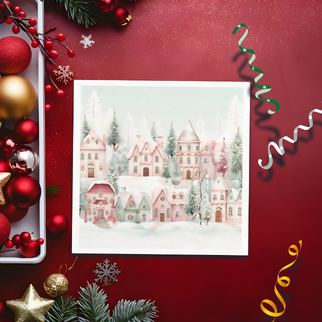 Mint and Pink Cosy Watercolor Winter Scene Napkin (Creator Uploaded)