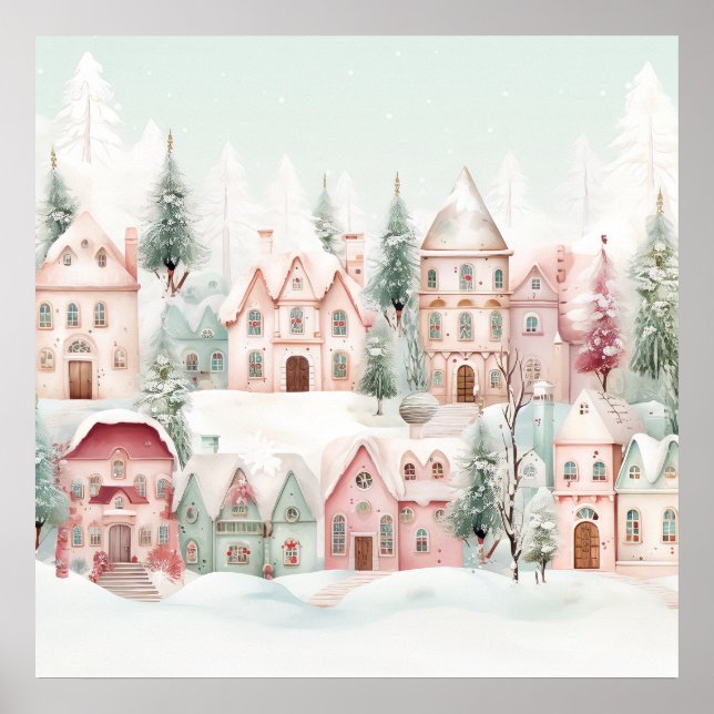 Mint and Pink Cosy Watercolor Winter Scene Poster (Front)