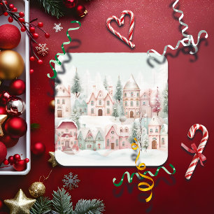 Mint and Pink Cosy Watercolor Winter Scene Square Paper Coaster