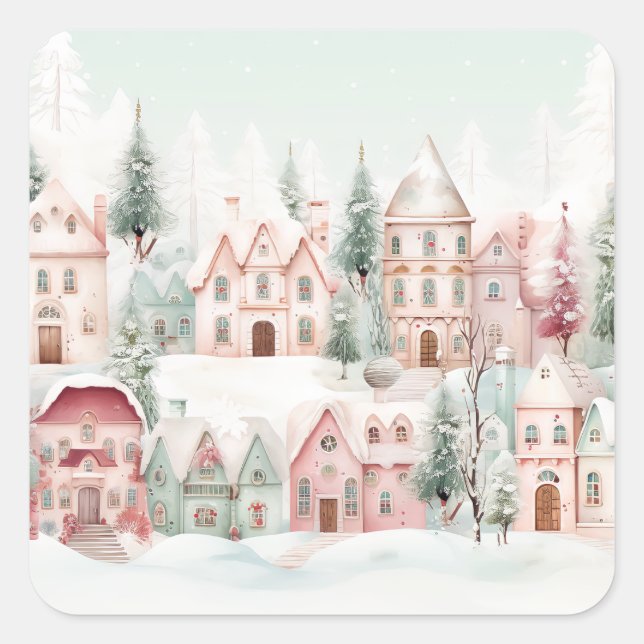 Mint and Pink Cosy Watercolor Winter Scene Square Sticker (Front)